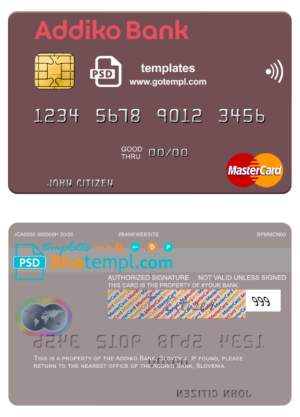 Slovenia Addiko Bank mastercard fully editable template in PSD format