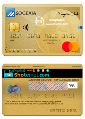 Luxembourg Sogexia bank mastercard fully editable template in PSD format