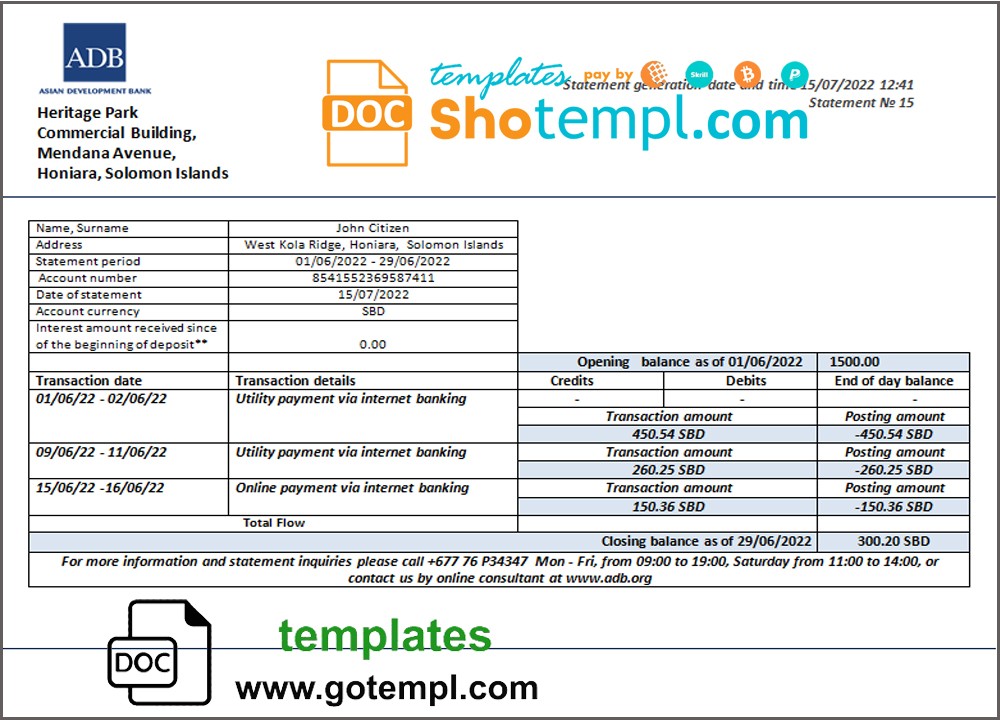 Solomon Islands ADB bank statement template in Word and PDF format Solomon Islands ADB bank statement template in Word and PDF format