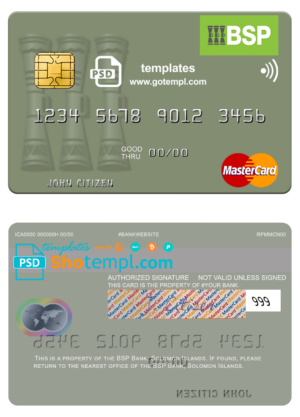 Solomon Islands BSP Bank mastercard fully editable template in PSD format