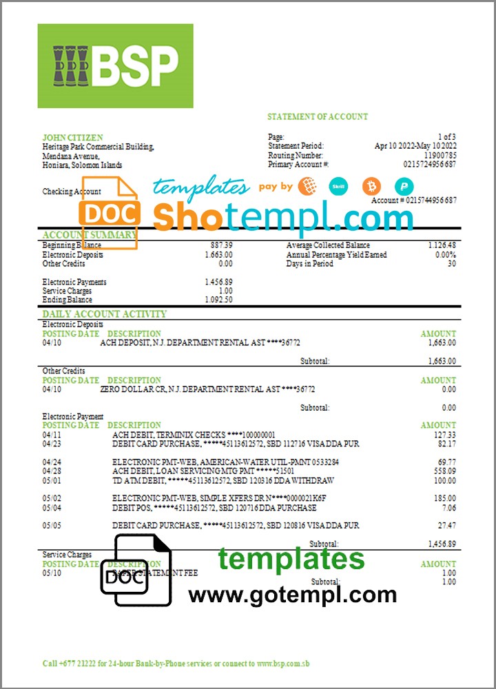 Solomon Islands BSP bank statement template in Word and PDF format Solomon Islands BSP bank statement template in Word and PDF format