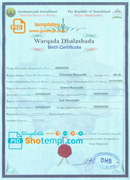 Somalia birth certificate template in PSD format, fully editable