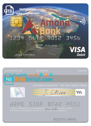 Somalia Amana Bank visa card fully editable template in PSD format