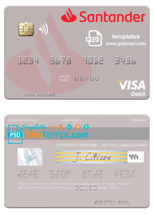 Spain Banco Santander visa card fully editable template in PSD format version 2
