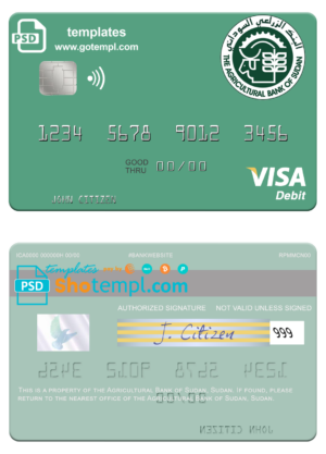 Sudan The Agricultural Bank visa card fully editable template in PSD format