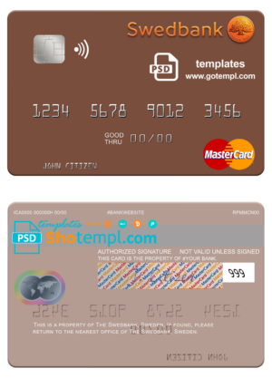 Sweden Swedbank mastercard fully editable template in PSD format