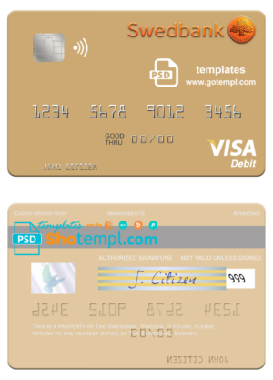 Sweden Swedbank visa card fully editable template in PSD format