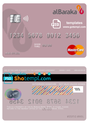Syria Al Baraka Bank mastercard fully editable template in PSD format
