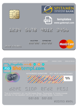 Tajikistan Spitamen Bank mastercard fully editable template in PSD format