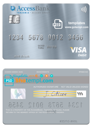 Tanzania AccessBank visa card fully editable template in PSD format
