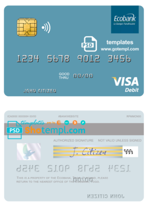 Togo Ecobank visa card fully editable template in PSD format