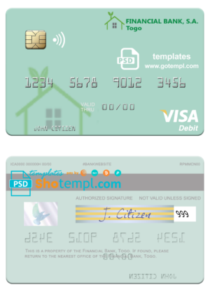 Togo Financial Bank visa card fully editable template in PSD format