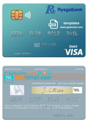 Turkmenistan Rysgal JSCB visa card fully editable template in PSD format
