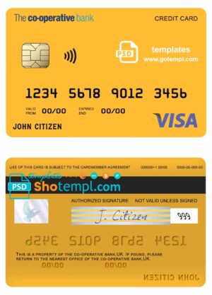United Kingdom The co-operative bank visa card fully editable template in PSD format