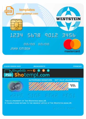 United Kingdom Weststein bank mastercard fully editable template in PSD format