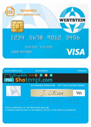 United Kingdom Weststein bank visa card fully editable template in PSD format