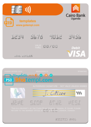 Uganda Cairo Bank Uganda visa card fully editable template in PSD format