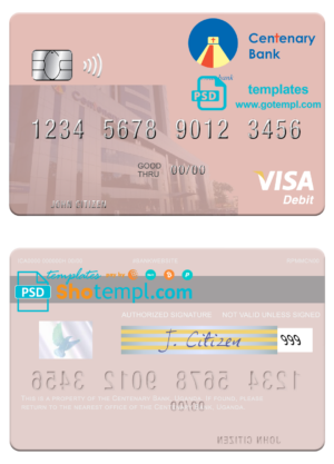 Uganda Centenary Bank visa card fully editable template in PSD format