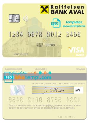 Ukraine Raiffeisen Bank visa card fully editable template in PSD format