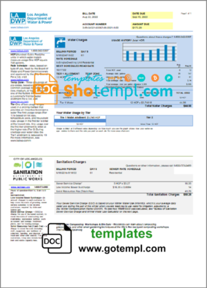 USA LA DWP utility bill template in Word and PDF format