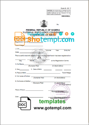 Nigeria birth certificate template in Word and PDF format