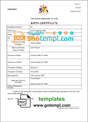 Barbados birth certificate template in Word and PDF format