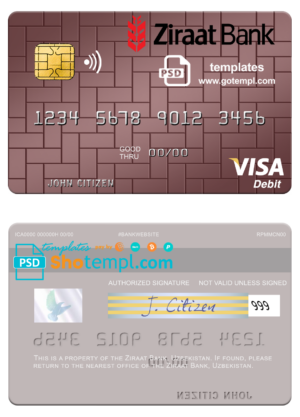 Uzbekistan Ziraat Bank visa card fully editable template in PSD format