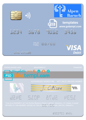 Vanuatu Alpen Baruch Bank Limited visa card fully editable template in PSD format