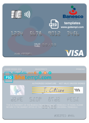 Venezuela Banesco Banco Universal visa card fully editable template in PSD format