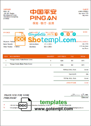 USA Ping An invoice template in Word and PDF (.doc and .pdf) format