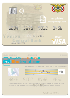 Yemen Central Bank of Yemen visa card fully editable template in PSD format
