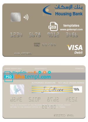 Yemen Housing Bank visa card fully editable template in PSD format
