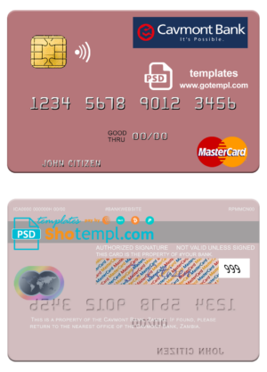 Zambia Cavmont Bank mastercard fully editable template in PSD format