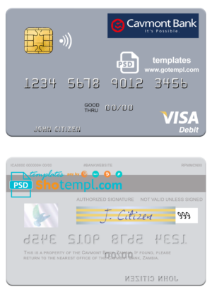Zambia Cavmont Bank visa card fully editable template in PSD format