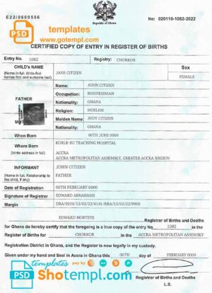 Ghana birth certificate template in PSD format, fully editable