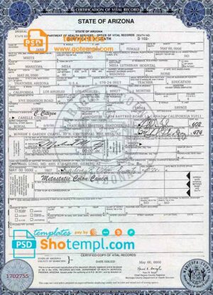 USA state Arizona death certificate template in PSD format, version 2