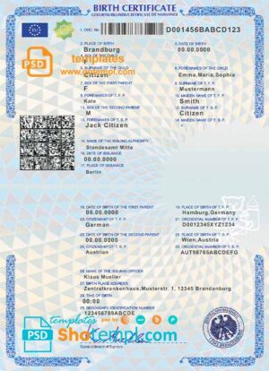 Germany birth certificate template in PSD format, fully editable