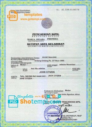 Indonesia birth certificate template in PSD format, fully editable