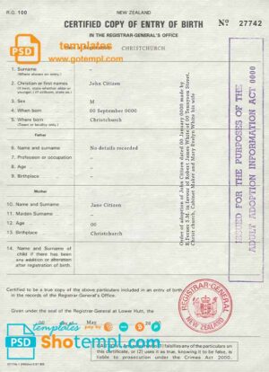 New Zealand birth certificate template in PSD format, fully editable