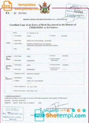 Zimbabwe birth certificate template in PSD format, fully editable