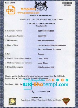 Botswana birth certificate template in PSD format, fully editable