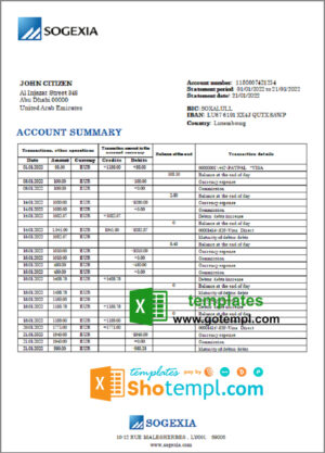Luxembourg Sogexia Bank statement template in Excel and PDF format