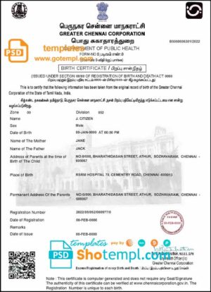 Indian birth certificate template in PSD format, fully editable