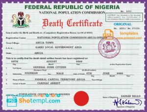 Nigeria death certificate template in PSD format, fully editable