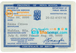 Canada Province of Nova Scotia birth certificate template in PSD format