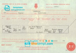 United Kingdom birth certificate template in PSD format, fully editable