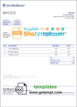 United Health Care invoice template in Word and PDF format, fully editable