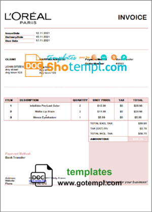 USA L’oreal Paris invoice template in Word and PDF format, fully editable