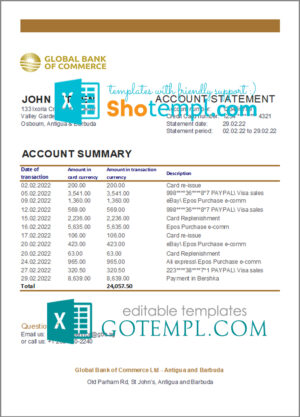 Antigua and Barbuda Global Bank of Commerce bank statement template in Excel and PDF format