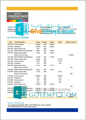 Argentina Banco Credicoop bank statement template in Excel and PDF format